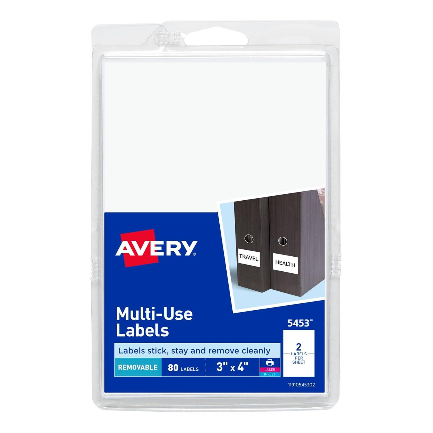 Avery Removable Multi-Use Labels, Inkjet/Laser Printers, 3 x 4, White, 2/Sheet, 40 Sheets/Pack, (5453)