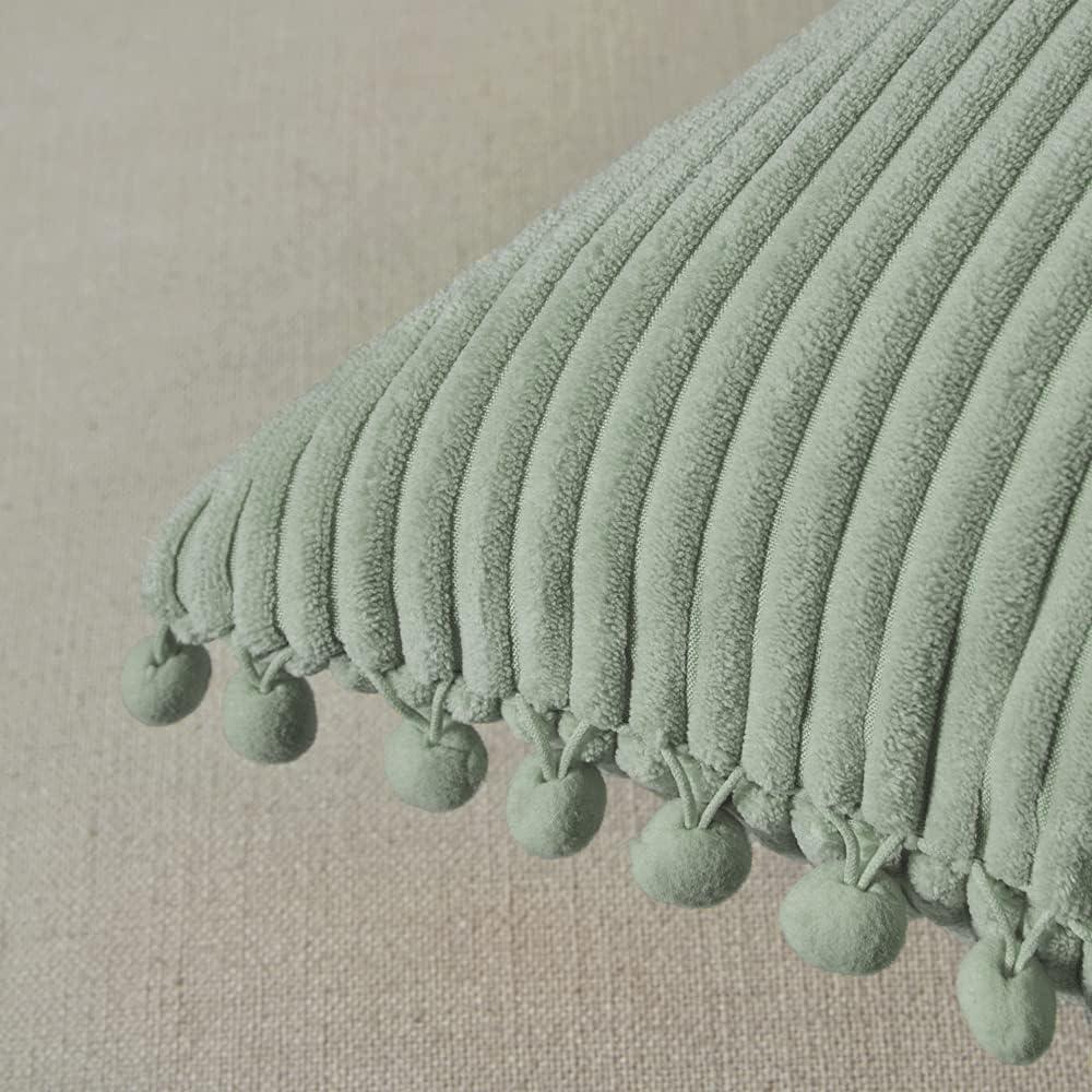 Sage Green Corduroy Lumbar Pillow Covers with Stripes - Set of 2