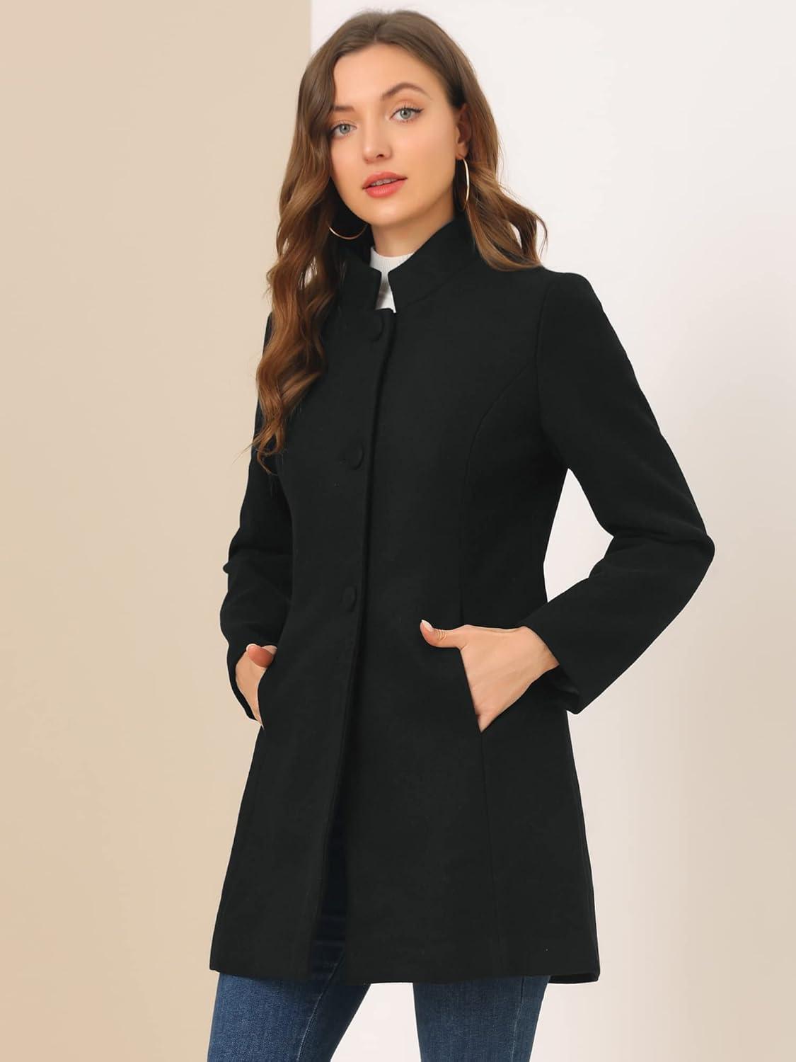 INSPIRE CHIC Women's Winter Stand Collar Single Breasted Mid-thigh Long Overcoat