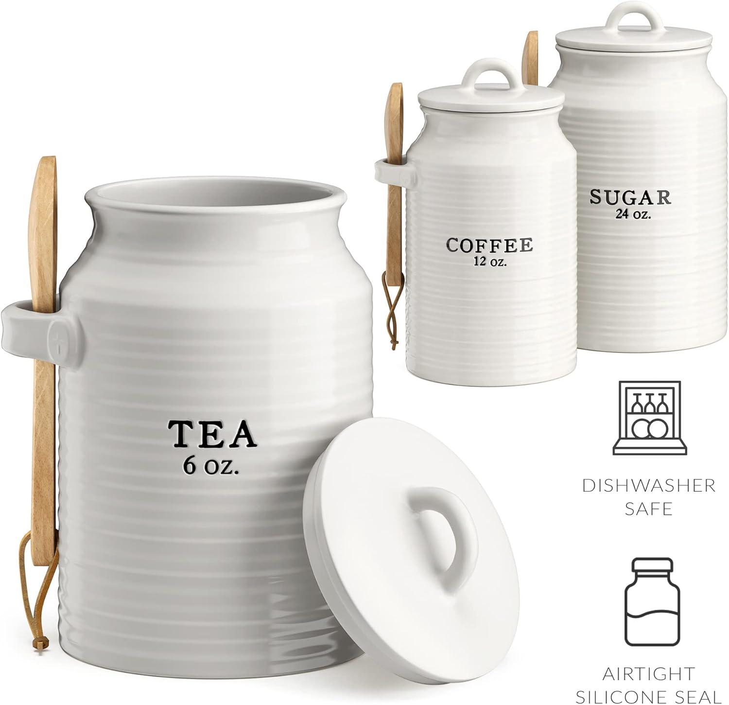 Barnyard Designs Canister Sets for Kitchen Counter, Ceramic Canister Set, Decorative Kitchen Canisters, Coffee Tea Sugar Container Set, Rustic Farmhouse Canisters Ceramic Jar, White, Set of 3