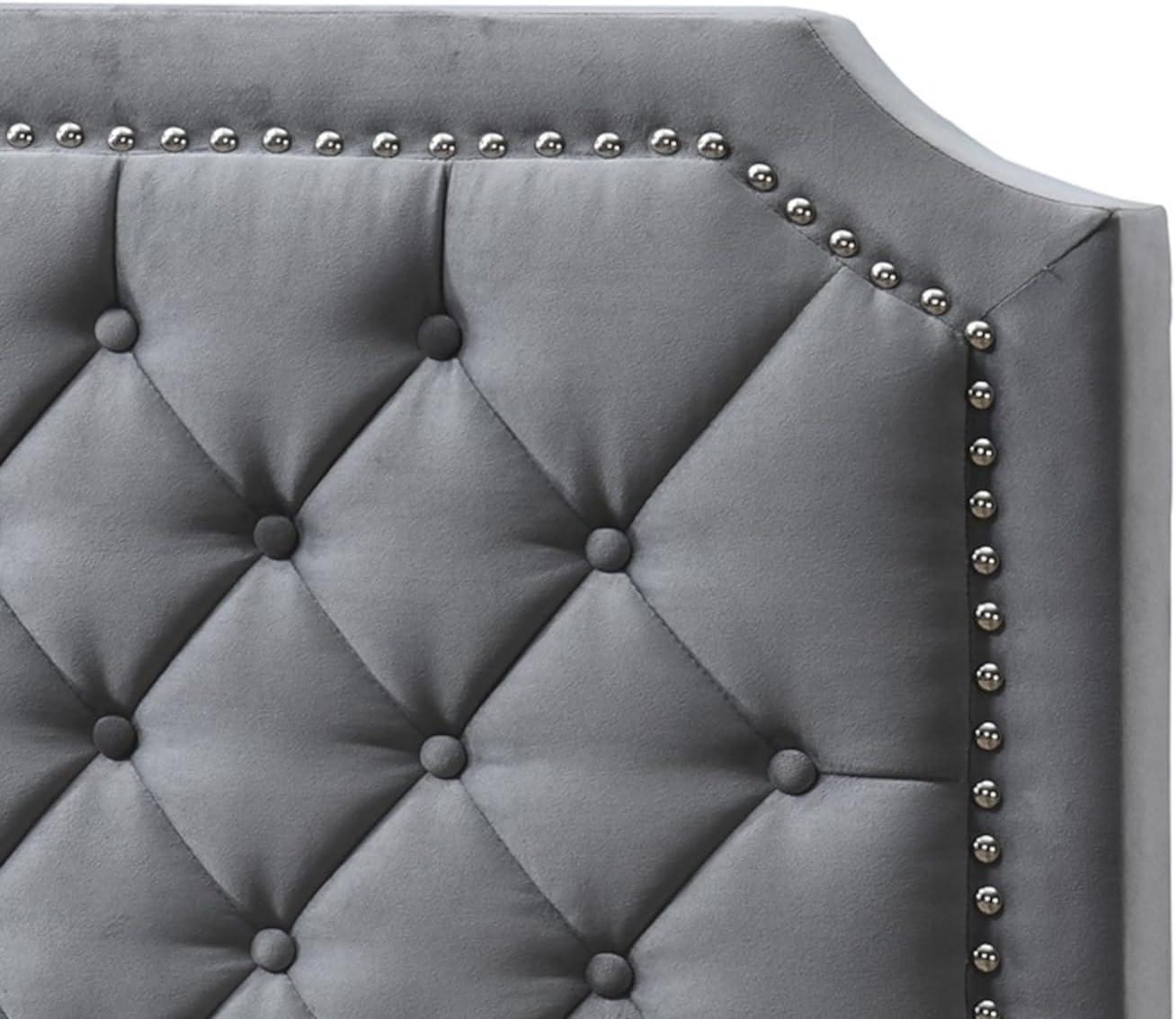 Ava Charcoal Velvet Tufted Queen Bed with Nailhead Trim