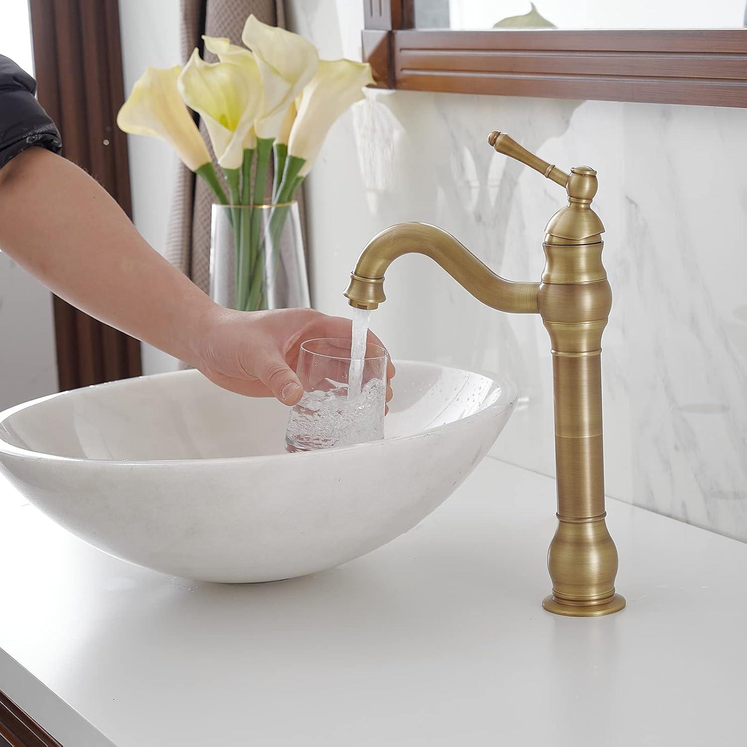 GGStudy 360° Swivel Antique Brass Bathroom Vessel Sink Faucet Single Handle One Hole Matching with Pop Up Drain