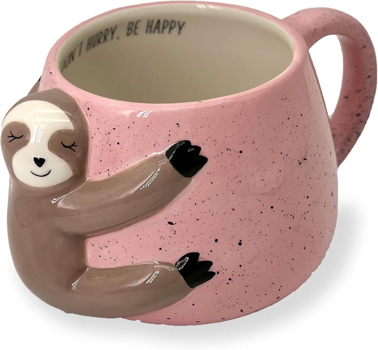 Pink Ceramic Sloth Shaped Coffee Mug with Printed Saying