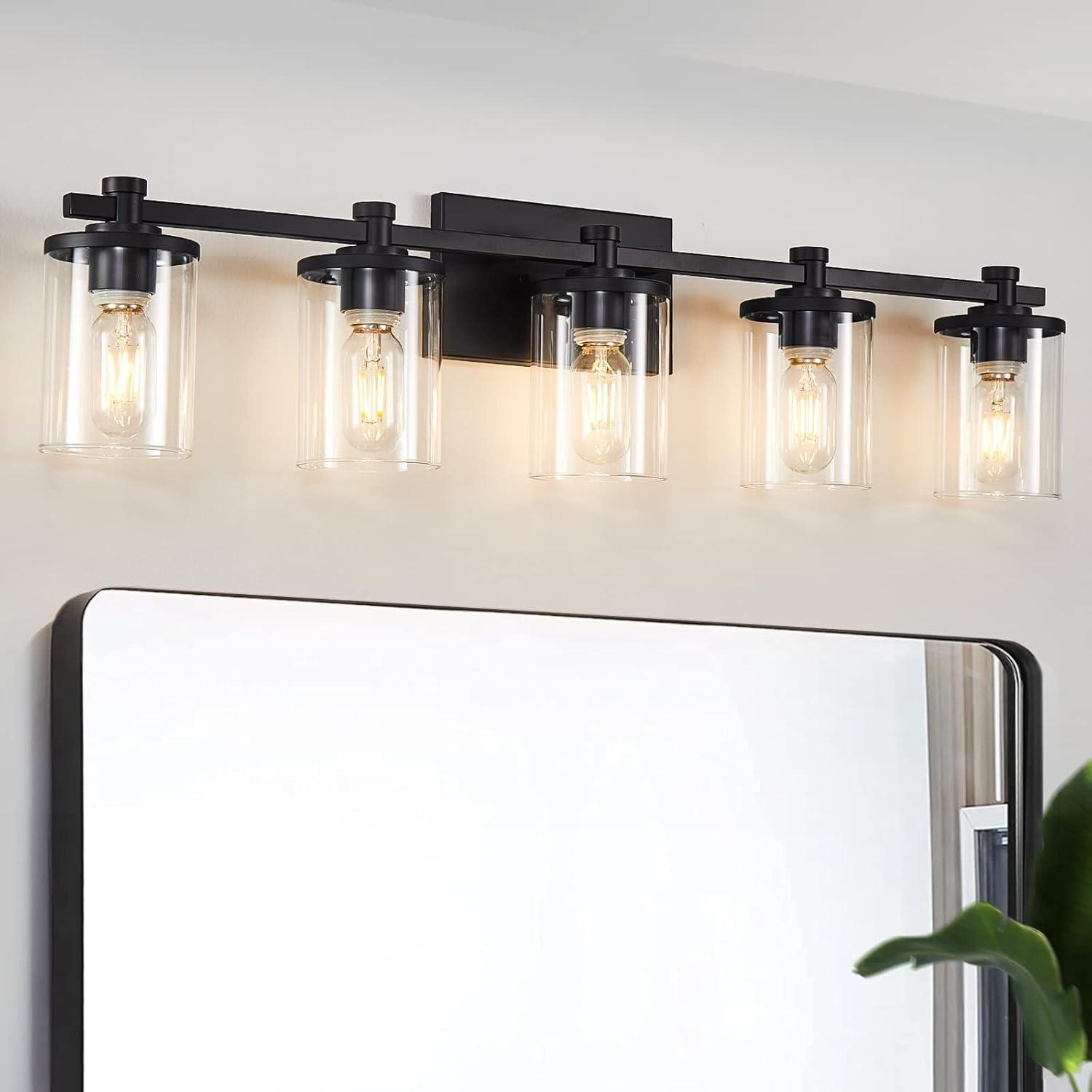 Matte Black 5-Light Bathroom Vanity Fixture with Glass Shades