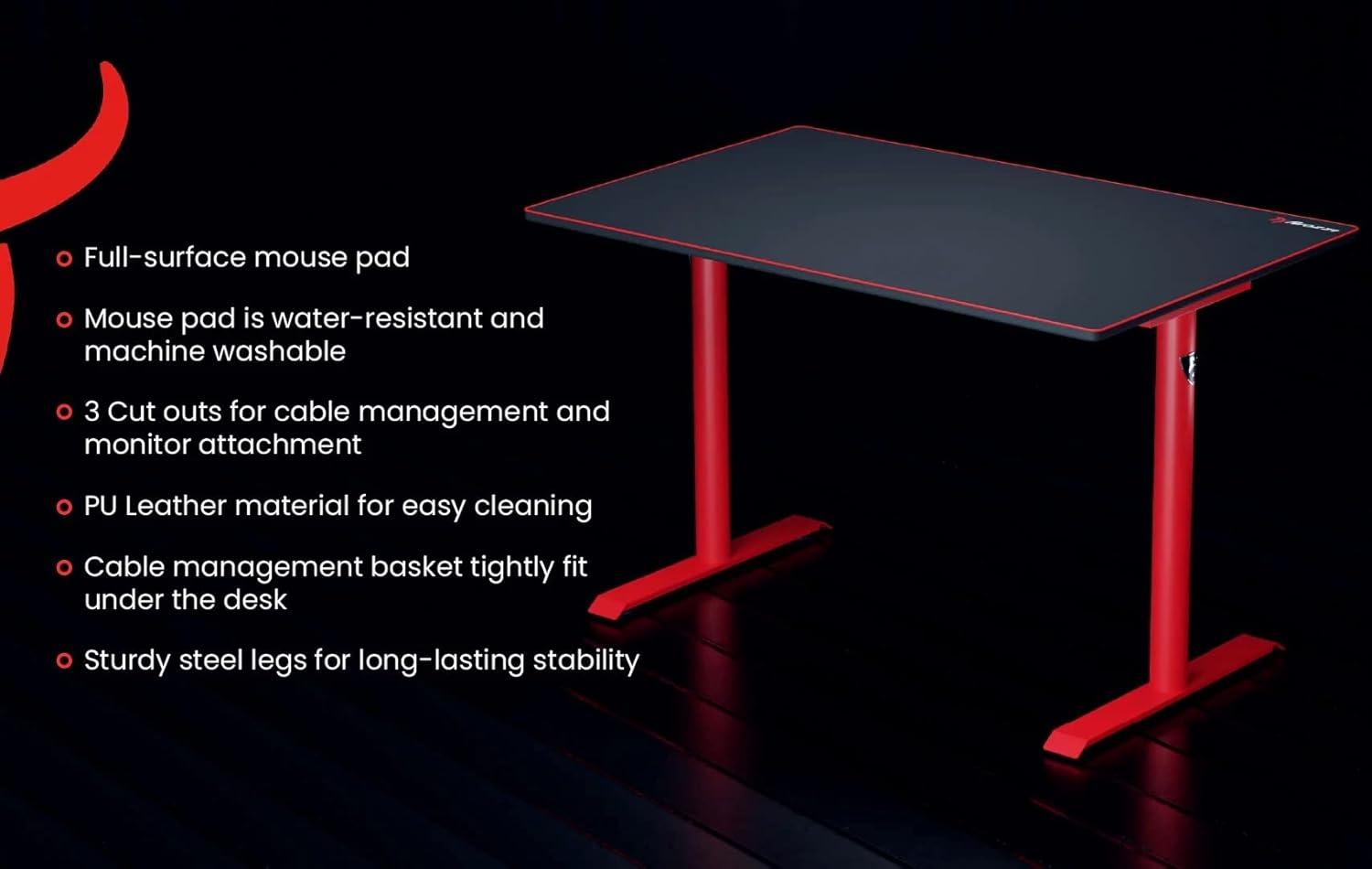 Compact Red & Black Gaming Desk with Full-Surface Mouse Pad