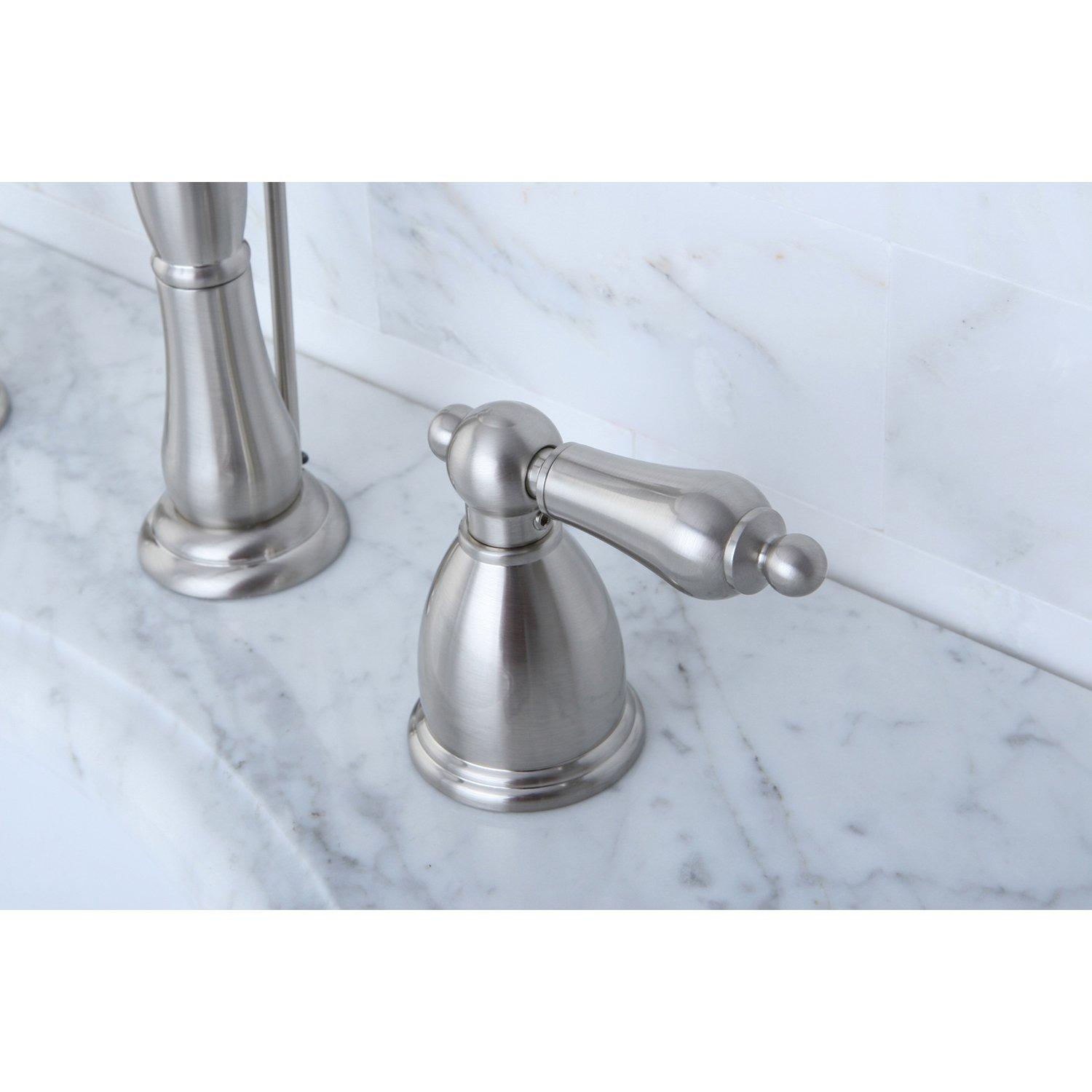 Kingston Brass Heritage Two-Handle 3-Hole Deck Mount Widespread Bathroom Faucet with Pop-Up Drain