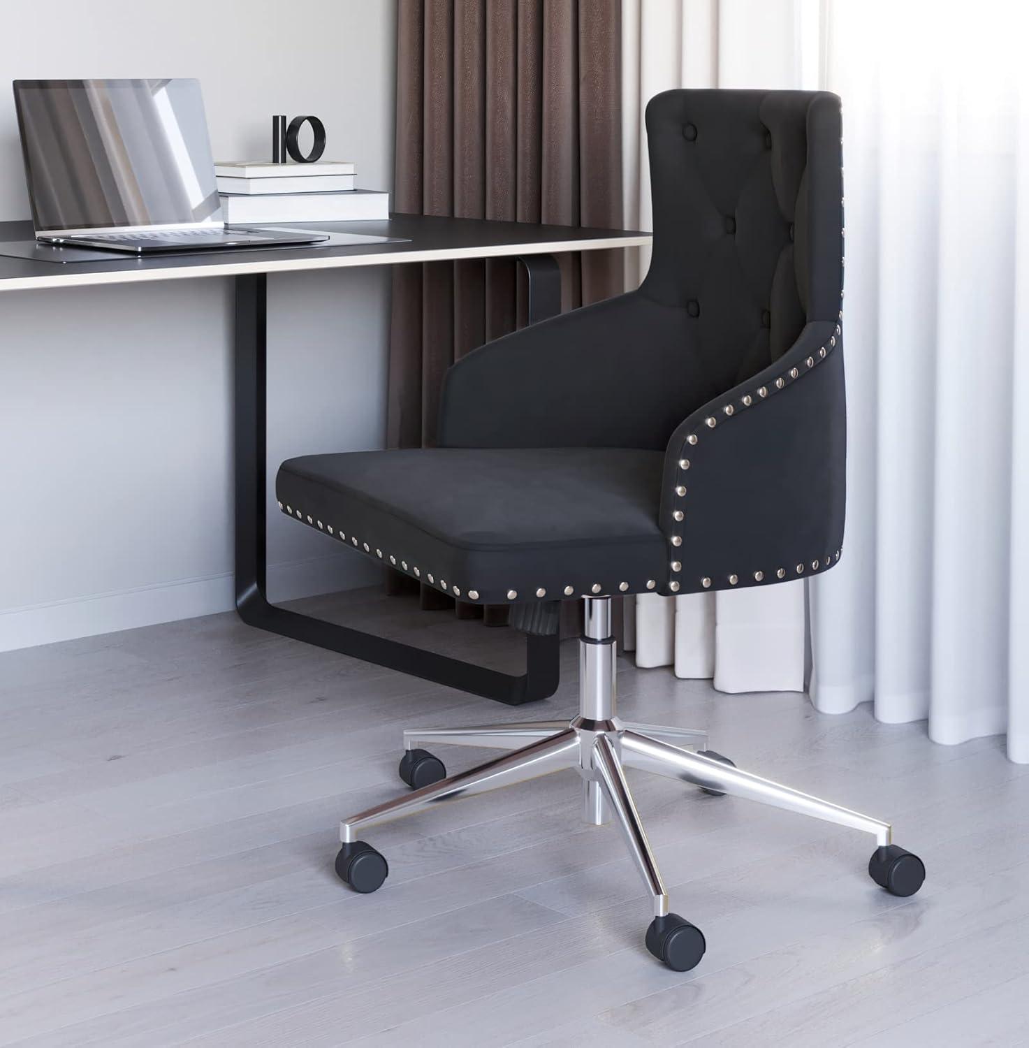BELLEZE Belden Button-Tufted Upholstered Fabric Mid-Back Swivel Computer Desk Chair, Black & Gold