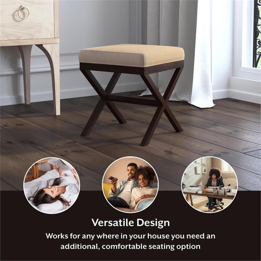 Espresso Wood and Beige Upholstered Backless Vanity Stool