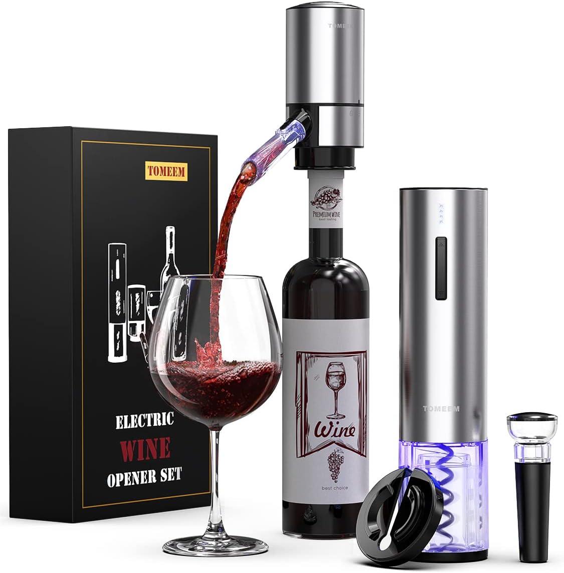 Tomeem Electric Wine Opener Set with Rechargeable Wine Opener, Foil Cutter , Automatic Wine Pourer and Aerator Vacuum Stoppers 4-in-1 Gift Set