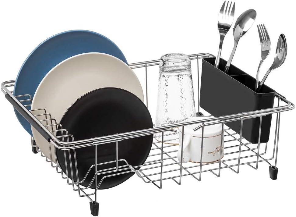 Expandable Stainless Steel Dish Drying Rack with Utensil Holder