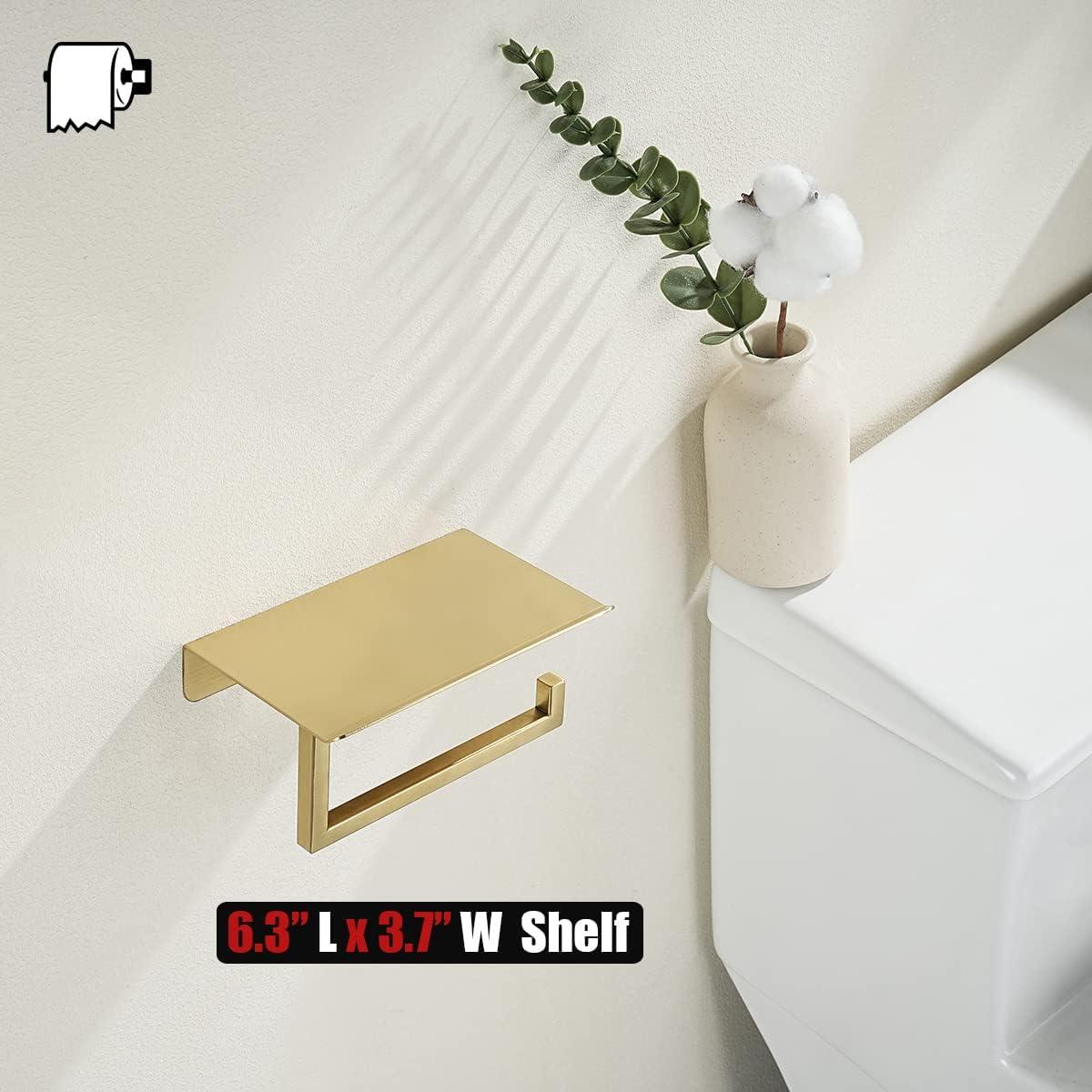 JQK Toilet Paper Holder Shelf, Bathroom Tissue Roll Holder with Phone Shelf, 5 Inch 304 Stainless Steel Tissue Paper Dispenser, Brushed Gold Finished Wall Mount, TPH202-BG