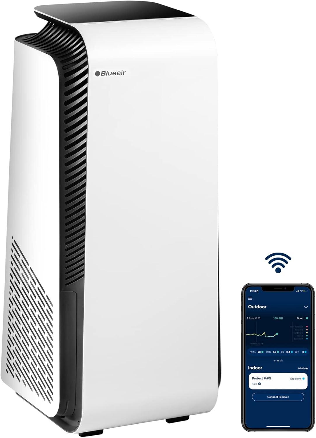 BLUEAIR Protect 7470i Smart Auto HEPASilent 22dB Air Purifier for Large Room up to 2000sqft, 24/7 Protection Against Viruses and Bacteria, Smoke Dust Pollen, Google/Alexa Voice App Control, LCD, White