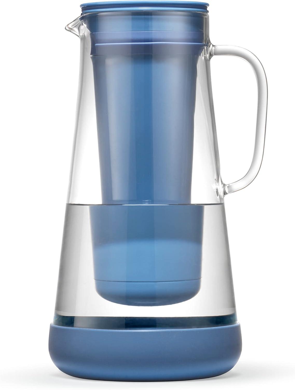 Stormy Blue Glass Water Filter Pitcher with Silicone Base