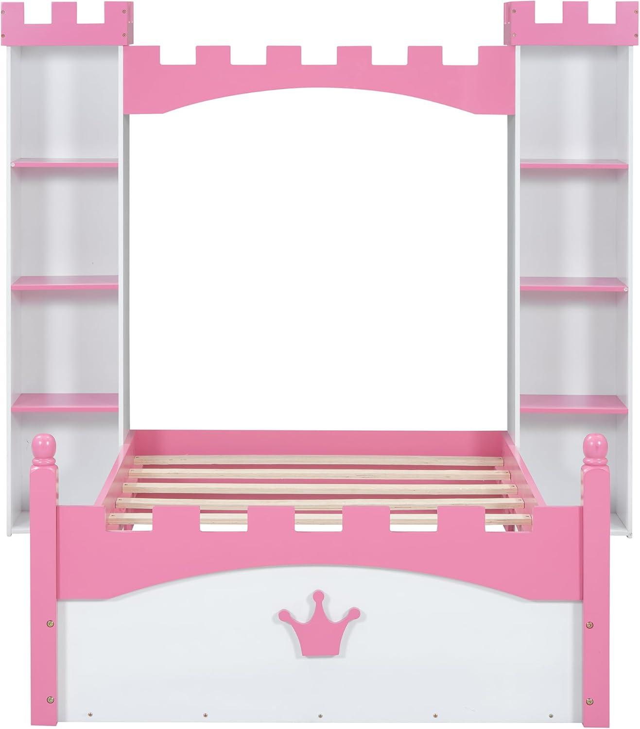 SOFTSEA Twin Size Platform Bed with Storage Shelves, Castle Shaped Bed for Kids, Twin Size Princess Bed for Girls, Kids Twin Bed Frame, No Box Spring Needed, White