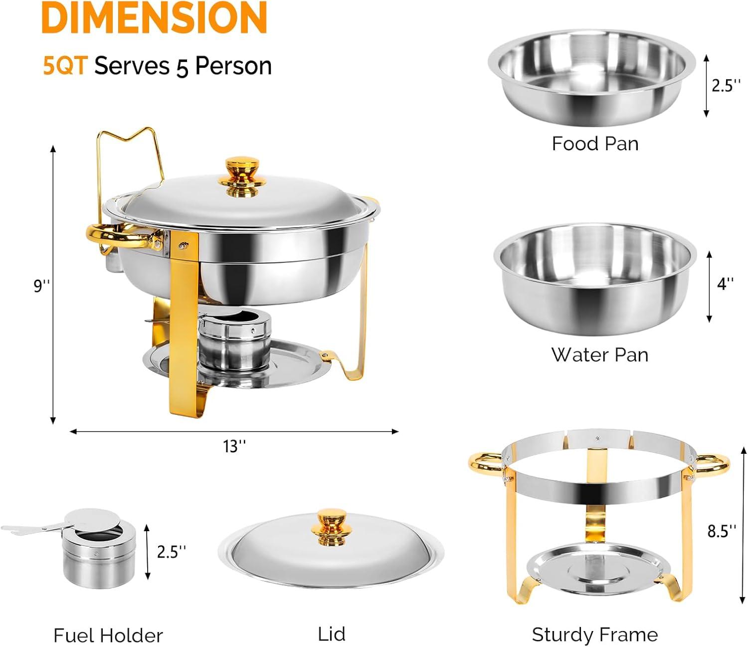 ROVSUN Gold Chafing Dishes for Buffet, 5 Qt 4 Pack Round Stainless Steel Chafing Dish Set with Lid Holder, Buffet Warmer Set for Parties, Christmas Gatherings, Catering Events, Weddings
