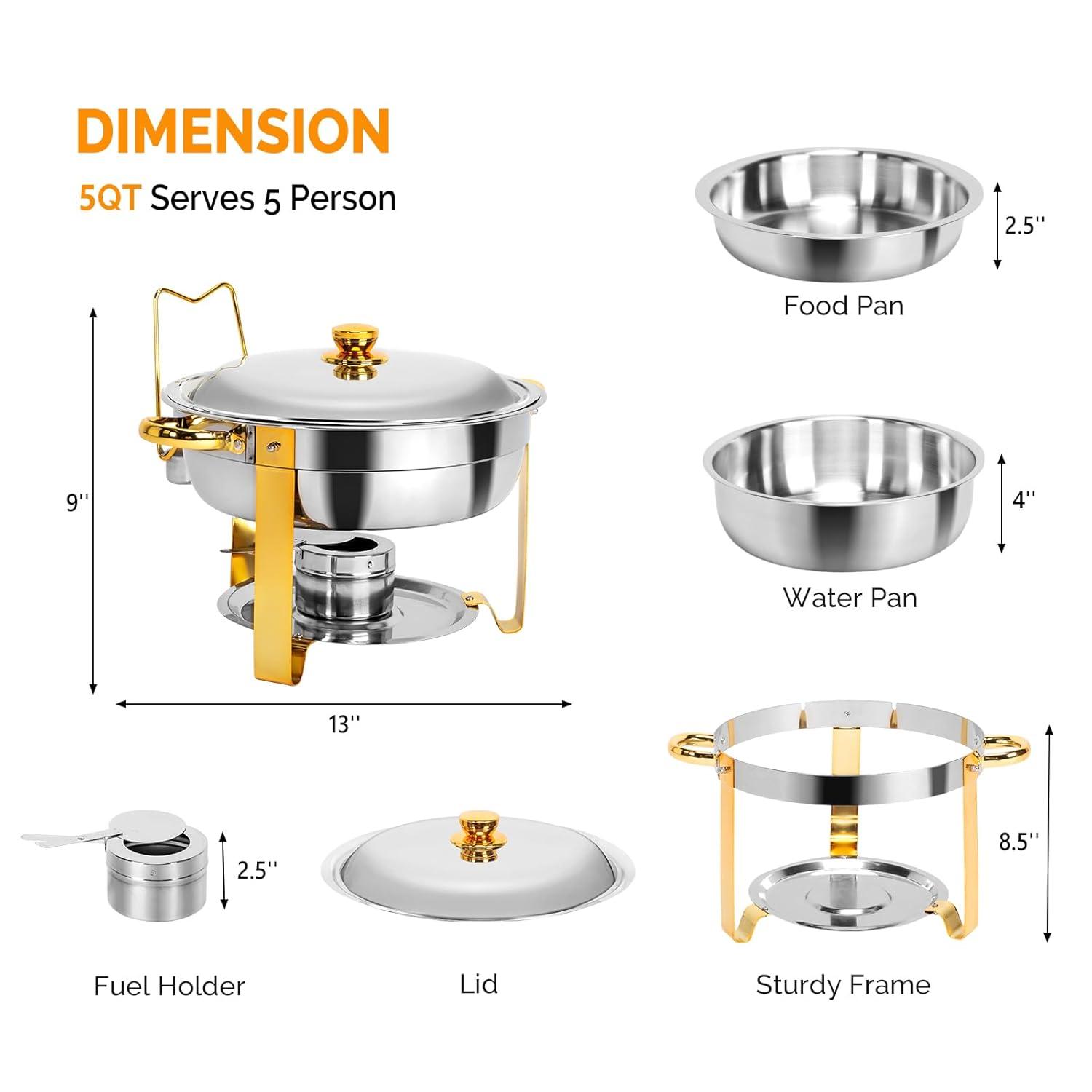 ROVSUN Gold Chafing Dishes for Buffet, 5 Qt 4 Pack Round Stainless Steel Chafing Dish Set with Lid Holder, Buffet Warmer Set for Parties, Christmas Gatherings, Catering Events, Weddings