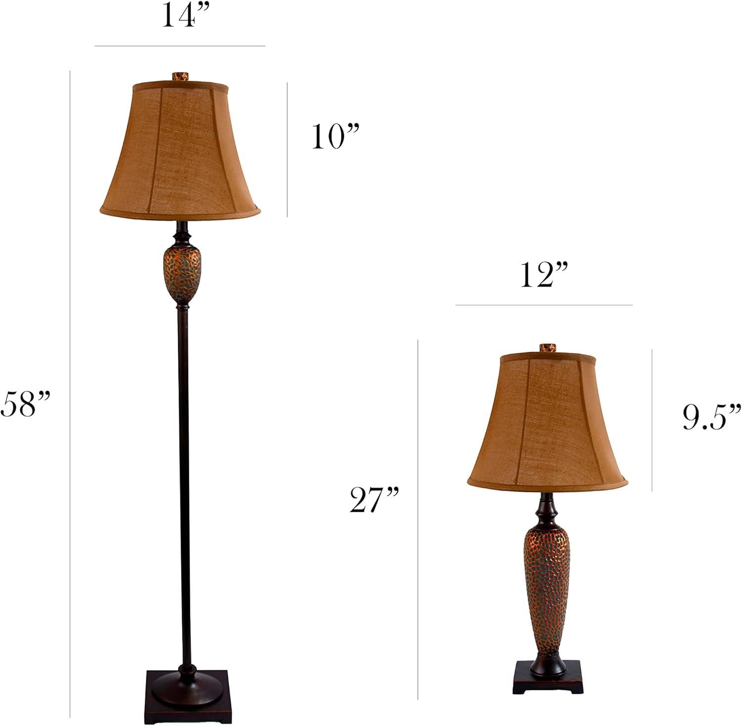 3pk Hammered Lamp Set (2 Table Lamps and 1 Floor Lamp) Bronze - Elegant Designs: UL Listed, Cotton Shades