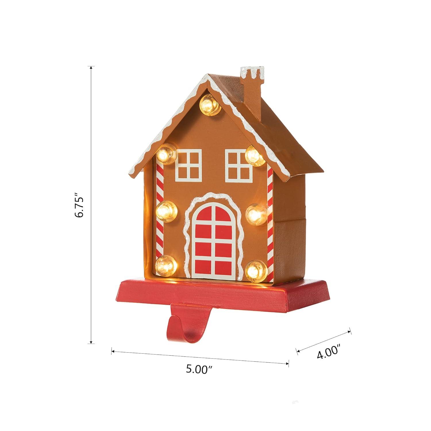 Glitzhome 6.75" H LED Light Gingerbread House Christmas Stocking Holder,Metal Xmas Hanging Hooks Stocking Hanger Battery Operated Stocking Holders for Fireplace Mantle Seasonal Decor