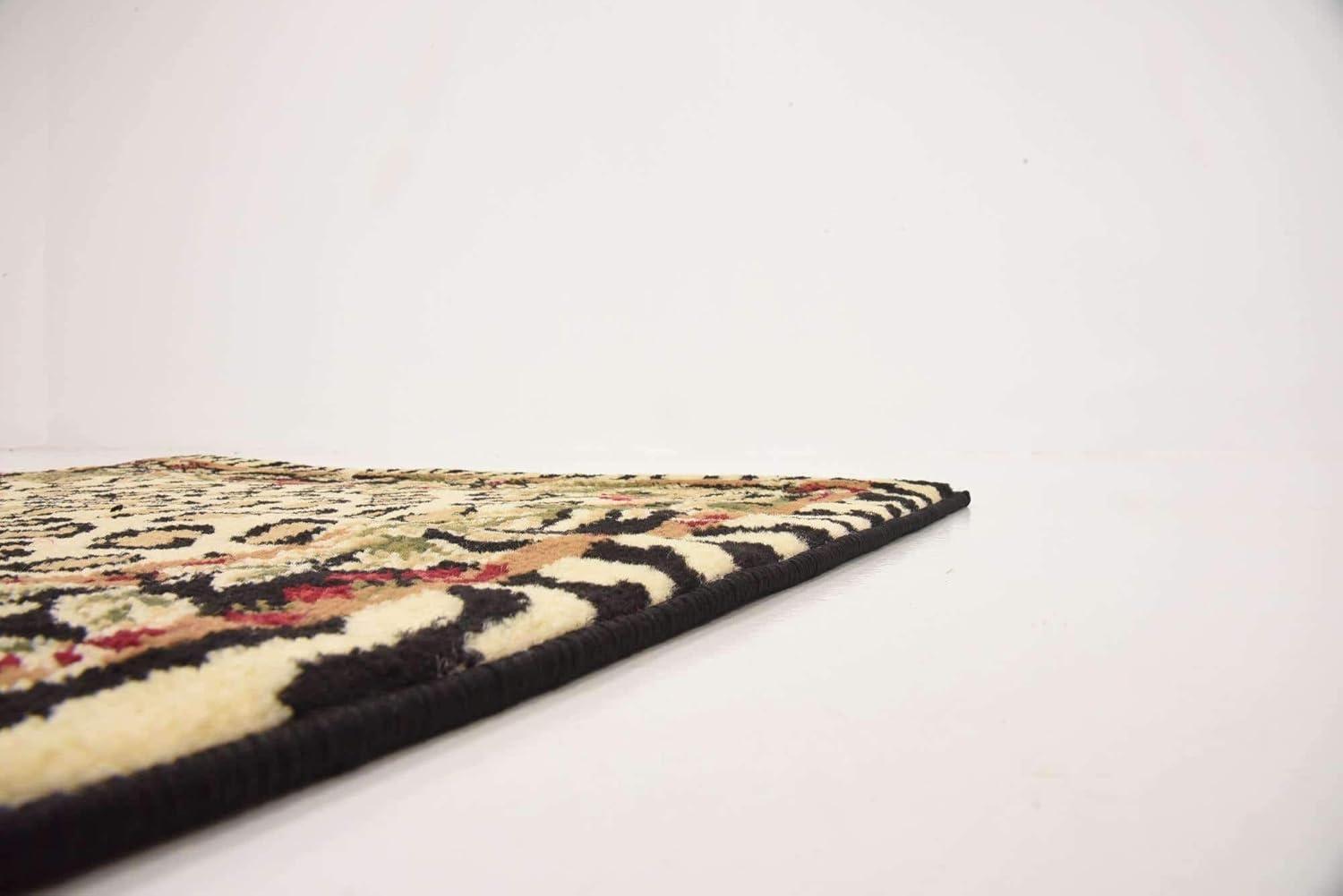 Ivory and Black Leopard Print Runner Rug with Botanical Border