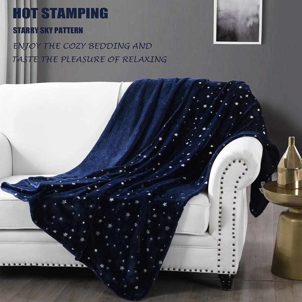 Queen Navy Blue Microfiber Fleece Blanket with Star Design