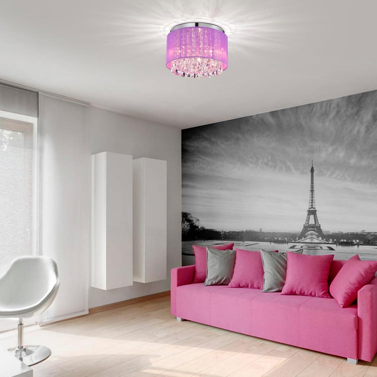 Pink Chandelier Drum Flush Mount Chandelier Crystal Ceiling Light Fixture 3 Light Bedroom Chandelier