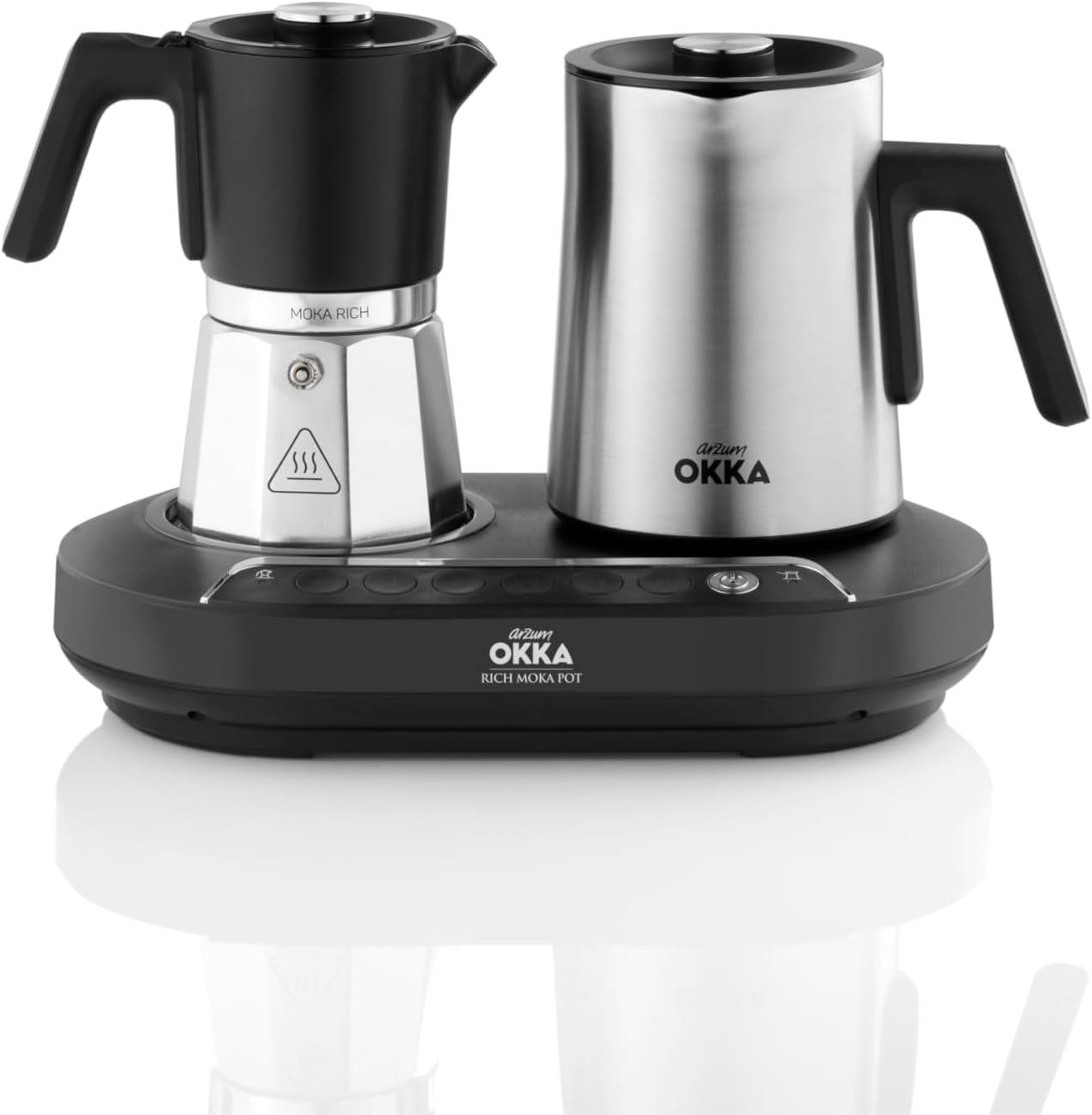 Arzum Okka Rich Moka Pot Turkish Coffee And Moka Maker, Velvetiser, Milk Frother, 5 Cups, Stainless Steel Cooking Pot, Chrome