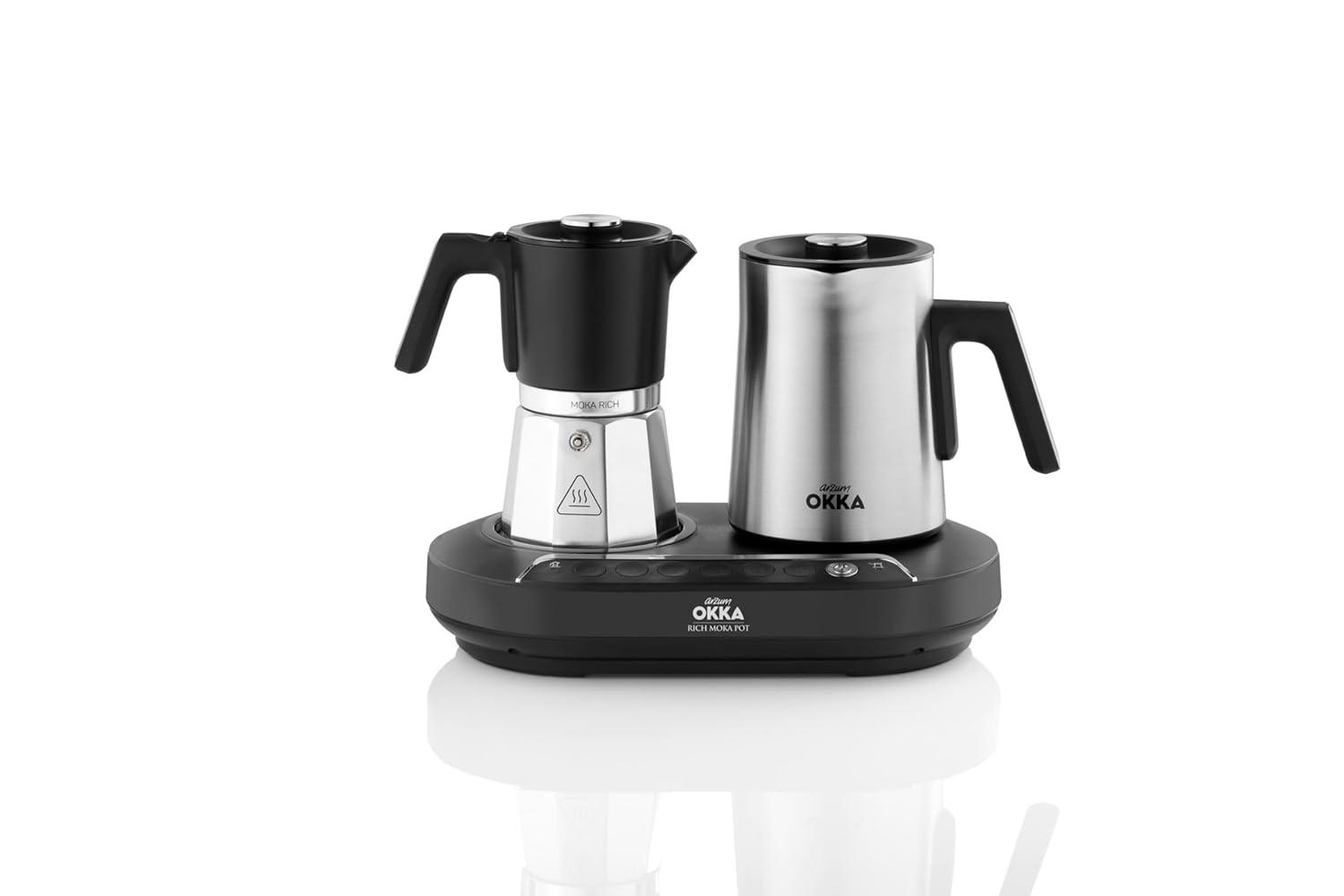 Arzum Okka Rich Moka Pot Turkish Coffee And Moka Maker, Velvetiser, Milk Frother, 5 Cups, Stainless Steel Cooking Pot, Chrome