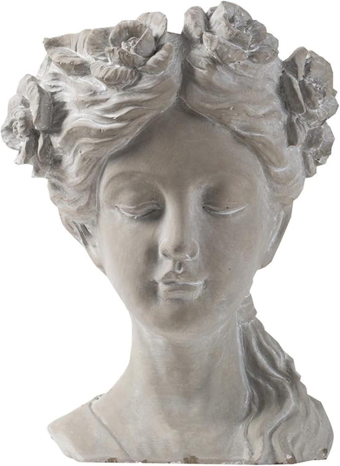 A and B Home 15.4" H Gray Cement Indoor Outdoor Rose Wreath Lady Head Planter, Home Décor, Garden Accent Sculpture