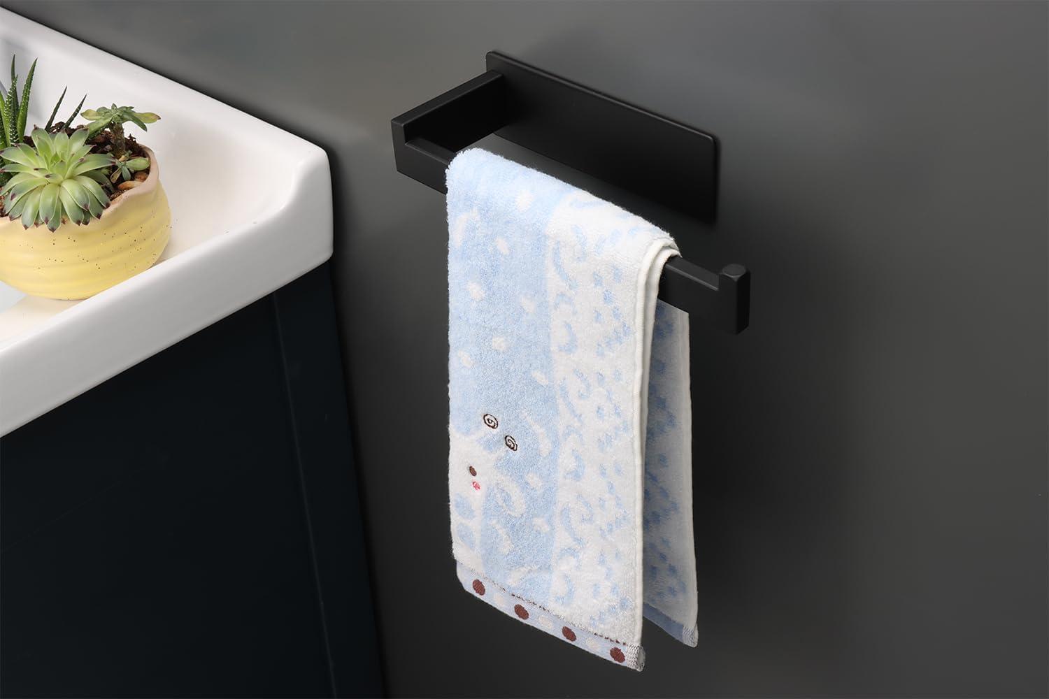 Hand Towel Holder, Strong Self Adhesive Hand Towel Ring, Thicken SUS304 Stainless Steel Hand Towel Bar/Rack, No Drilling Modern Hand Towel Hanger (Matte Black, 9 in)