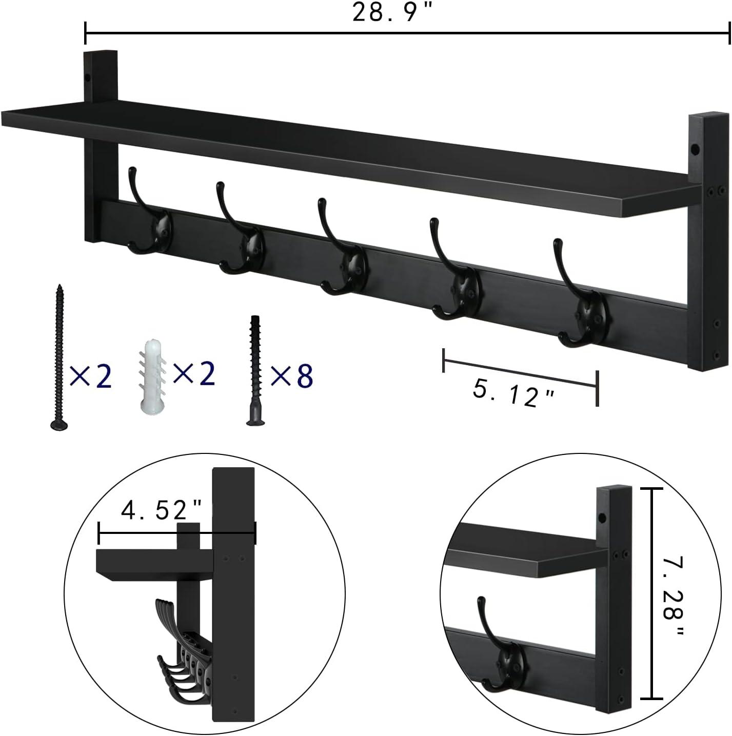 Black Wall-Mounted Coat Rack with Shelf and Hooks