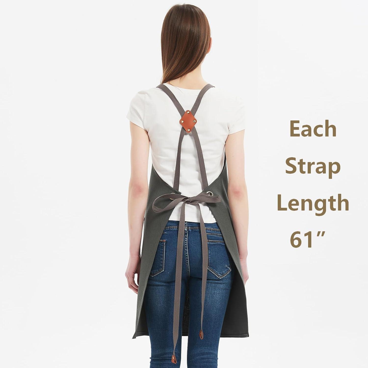 AFUN Chef Aprons for Men Women with Large Pockets, Cotton Canvas Cross Back Heavy Duty Adjustable Work Apron, Size M to XXL(Grey)