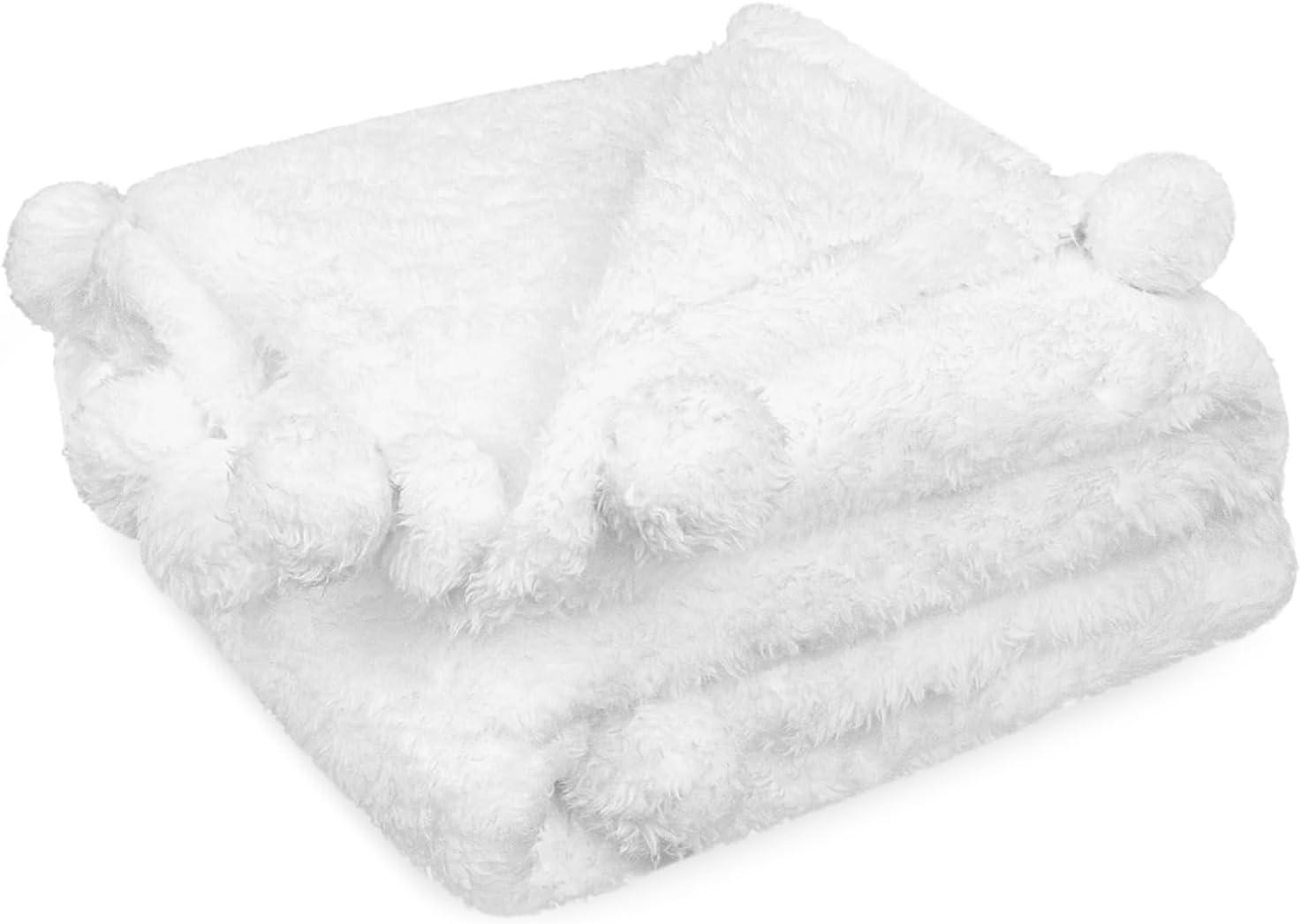 PAVILIA Fluffy Throw Blanket with Pompom, Lightweight Soft Plush Cozy Warm Pom Pom Fringe for Couch Sofa Bed