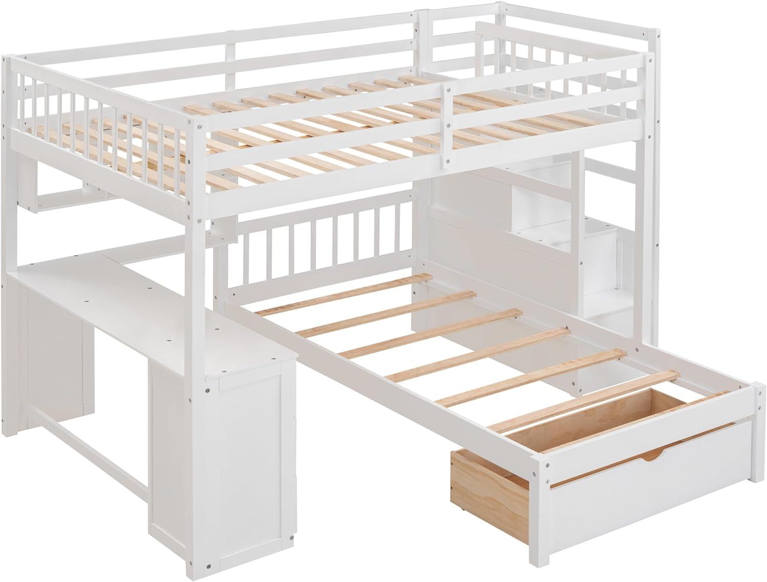 Harper & Bright Designs Full Over Twin Bunk Bed with Stairs, Storage Drawers, Full Size Loft Bed Frame with Desk and Shelves, White