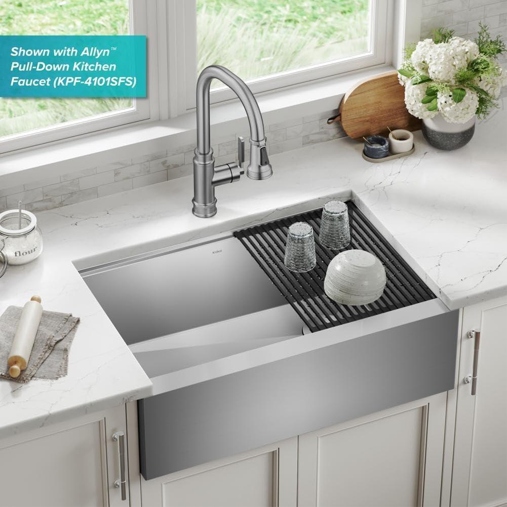 KRAUS Kore™ Workstation 30-inch L 16 Gauge Stainless Steel Single Bowl Farmhouse Kitchen Sink with Accessories