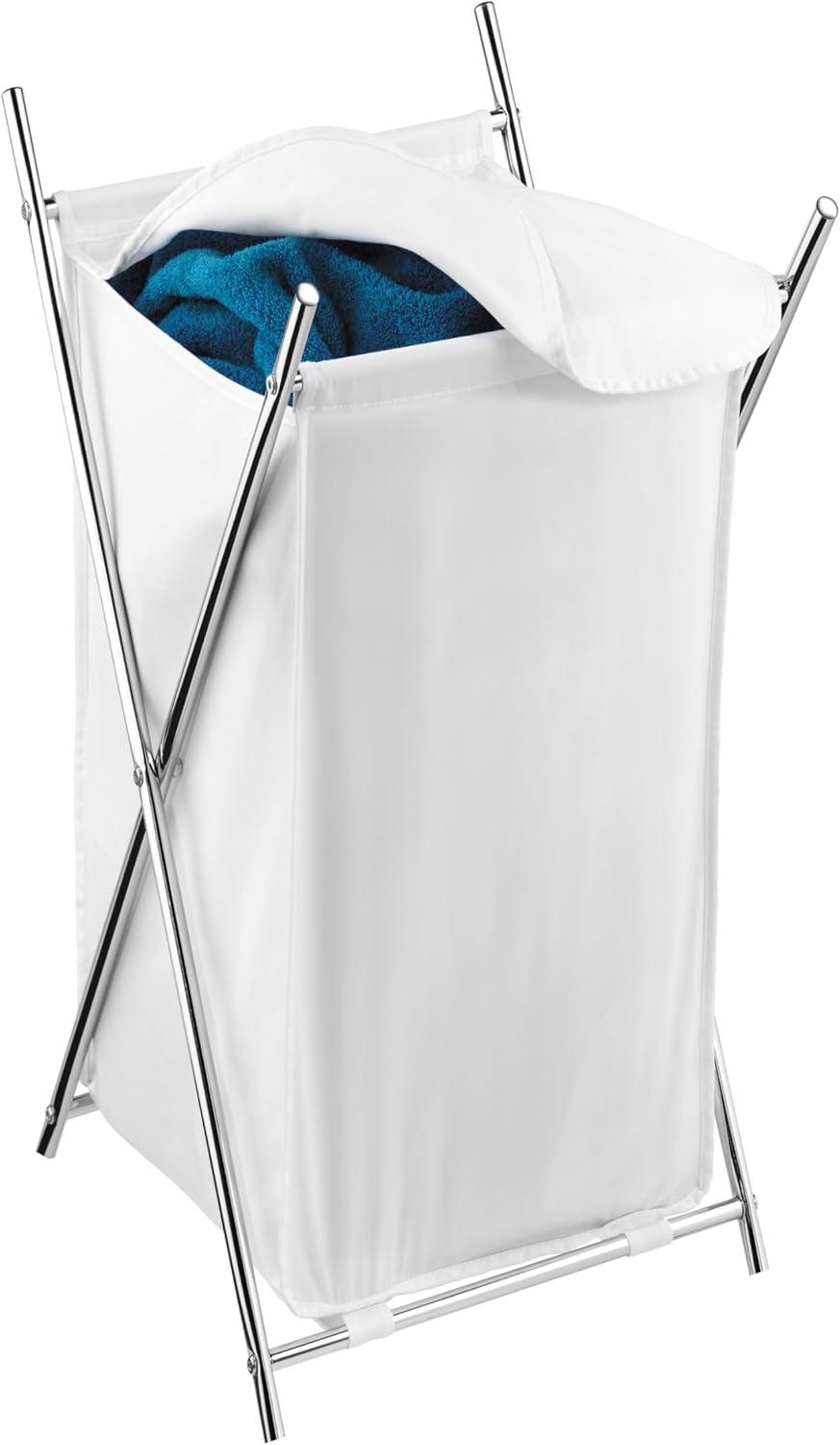 Honey-Can-Do Folding Hamper Chrome: Steel Frame, Collapsible Laundry Sorter with Lid, 3 Volume Capacity, Silver