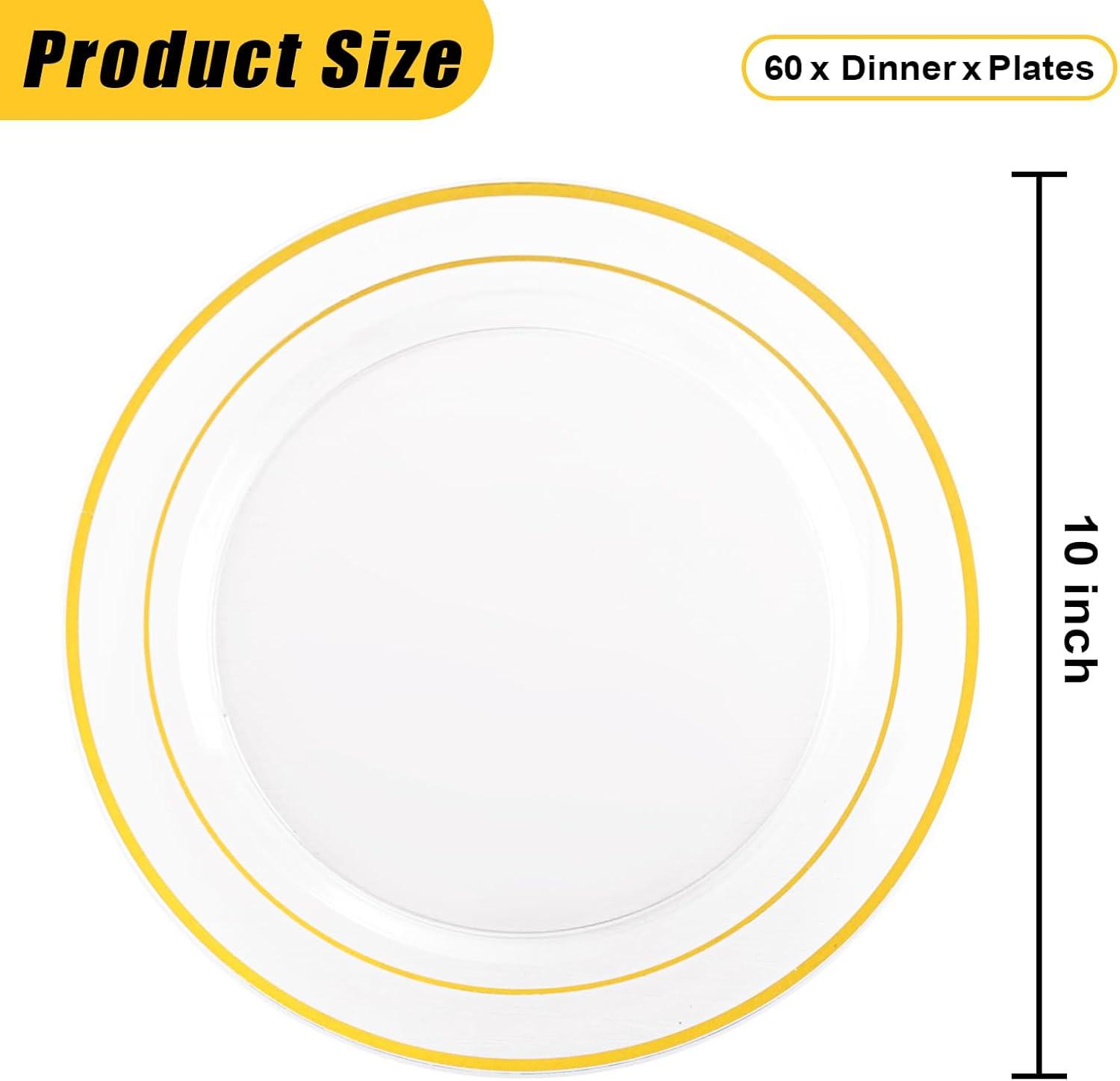 I00000 60pcs Plastic Gold Plates,10.25 inch Gold Rimmed Dinner Plates, White Disposable Plates, Parties or Wedding