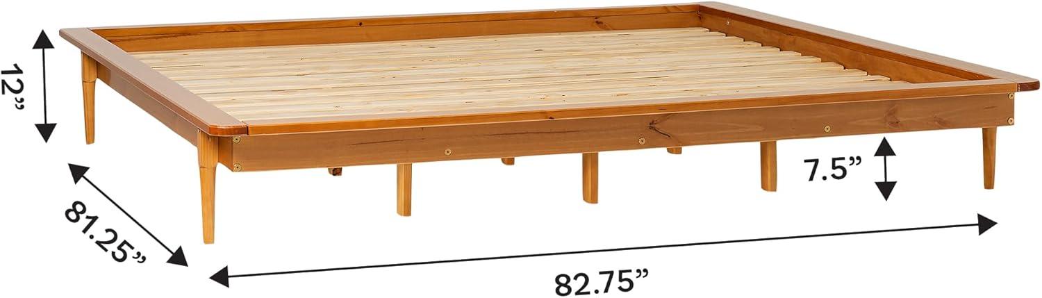 King-Size Mid-Century Modern Solid Pine Platform Bed - Walnut Finish