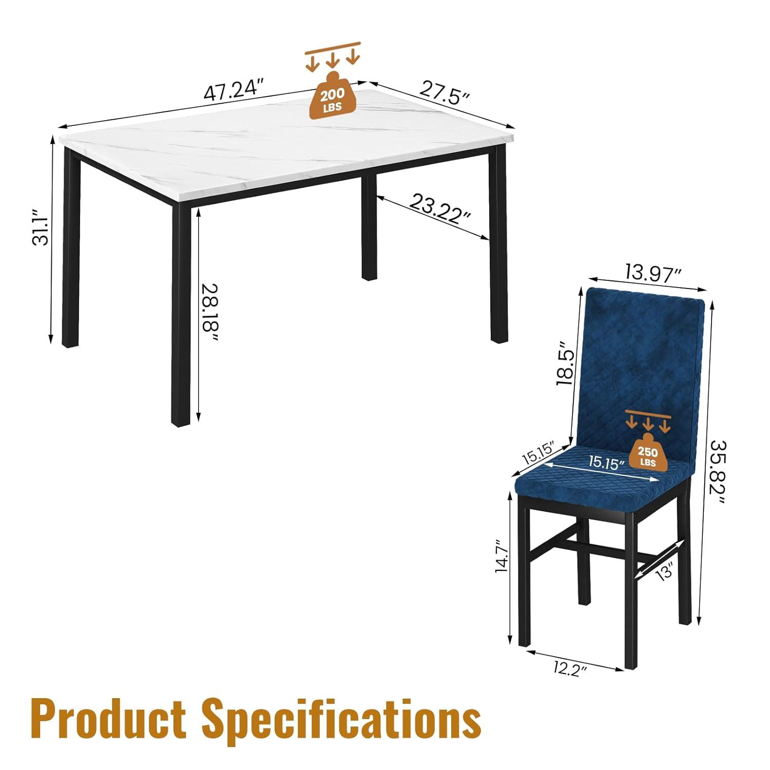 Lamerge Juego de Mesa de Comedor para 4, Juego de Mesa y Sillas de Cocina de 4, Juego de Mesa de Comedor de Mármol Sintético con 4 Sillas Tapizadas de Terciopelo para la Cocina Del Hogar, Blanco y Azul
