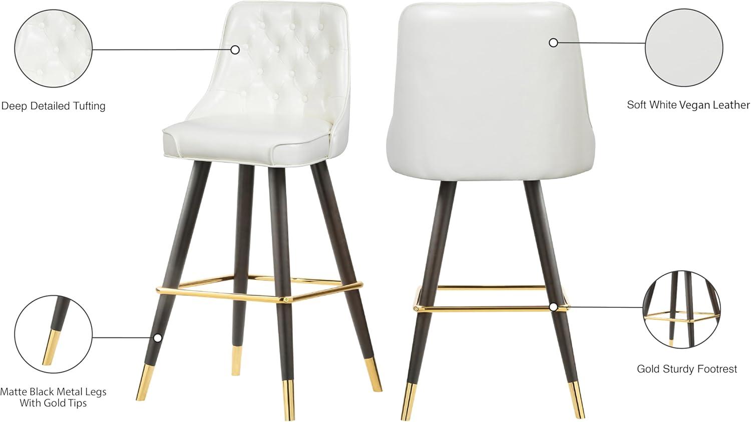 White Faux Leather Bar Stool with Button Tufting and Gold Accents