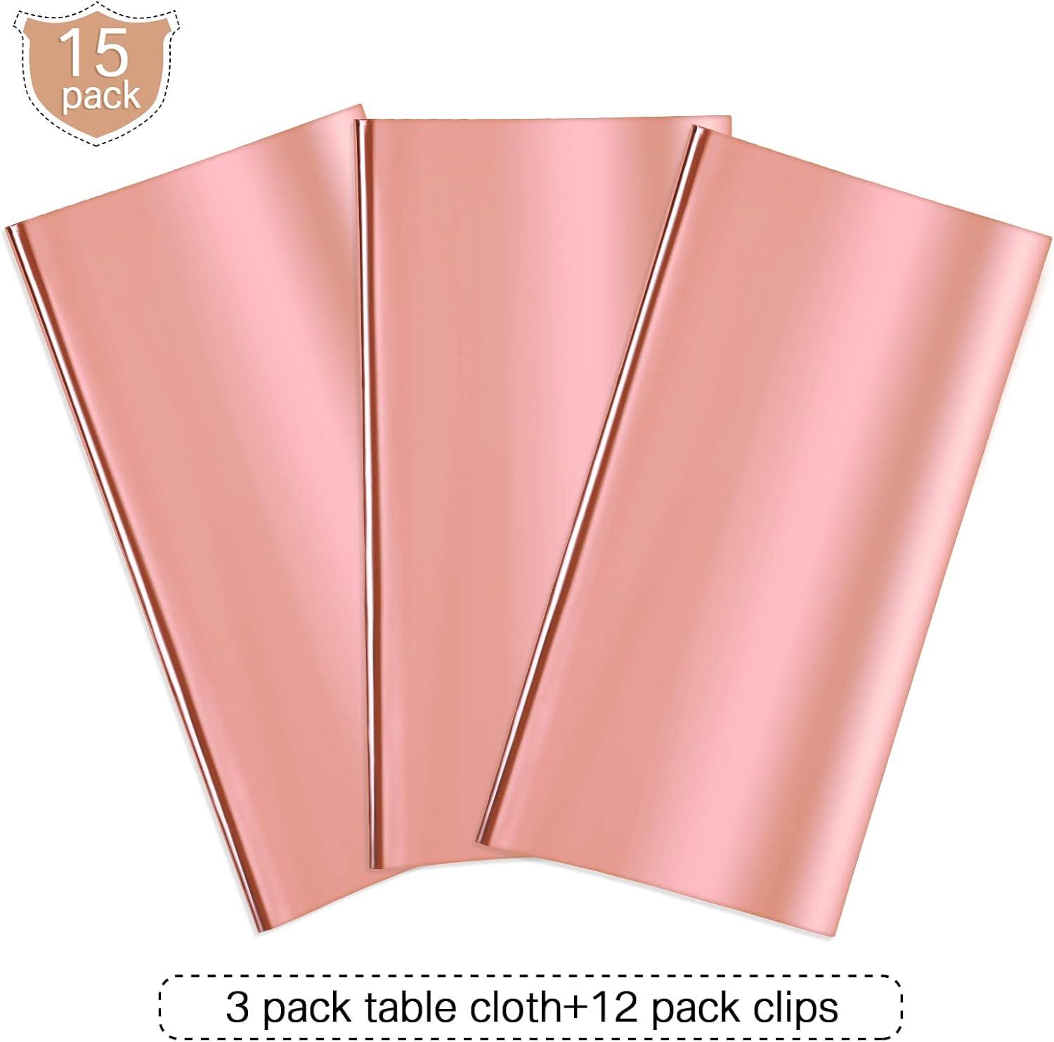 Sparkle and Bash 3 Pack Rose Gold Plastic Tablecloth, Metallic Table Cover Disposable for Pink Birthday Parties, Bridal Shower Decor, 54 x 108 In