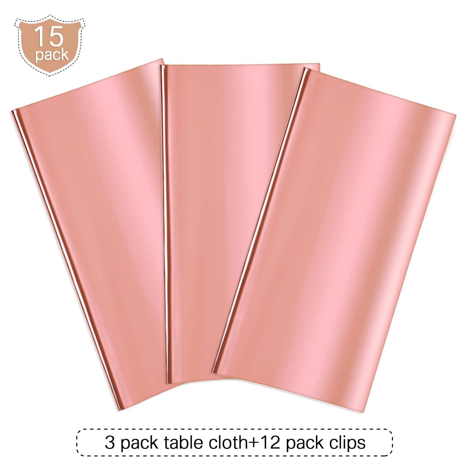 Sparkle and Bash 3 Pack Rose Gold Plastic Tablecloth, Metallic Table Cover Disposable for Pink Birthday Parties, Bridal Shower Decor, 54 x 108 In
