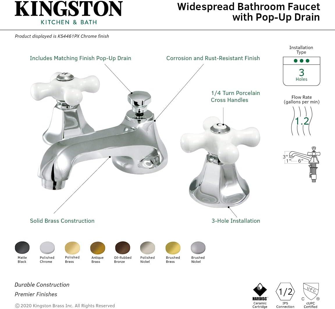 Kingston Brass Metropolitan Two-Handle 3-Hole Deck Mount Widespread Bathroom Faucet with Brass Pop-Up Drain