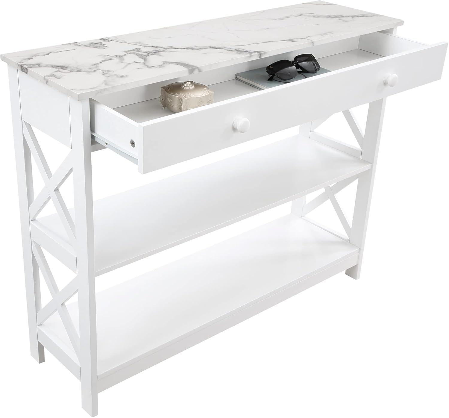 Convenience Concepts Oxford 1 Drawer Console Table with Shelves, White Faux Marble & White