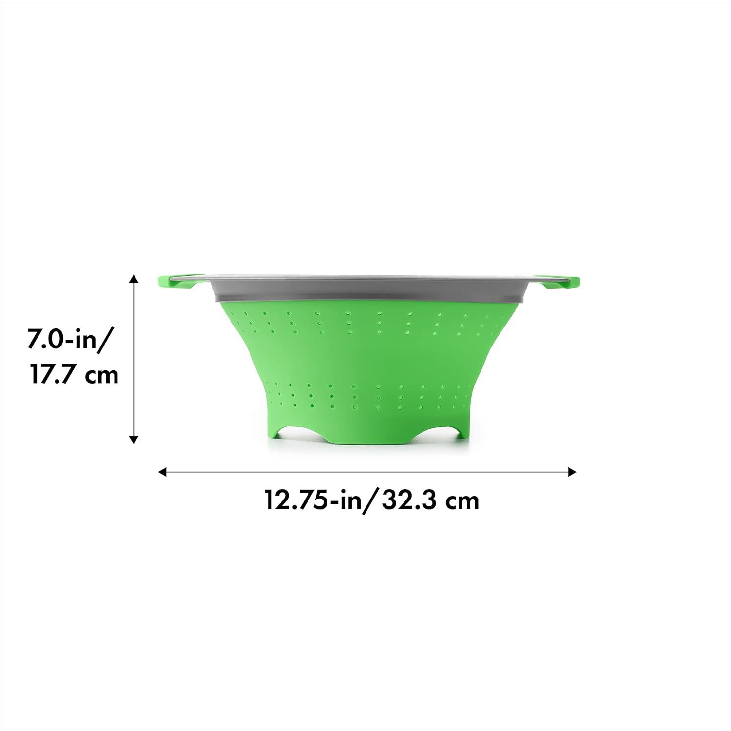 Green Silicone Collapsible Colander with Gray Handles, 3.5 Quart