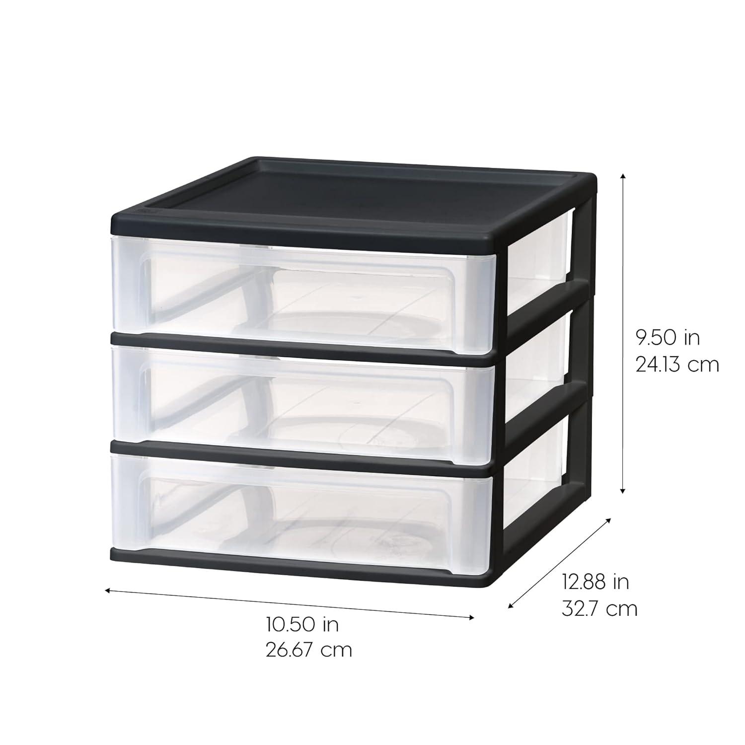 IRIS USA Medium 3-Drawer Stacking Desktop Organizer, 2 Pack, Plastic Drawer Storage Container for Stationery Art Craft Supplies Kitchen Office, Black