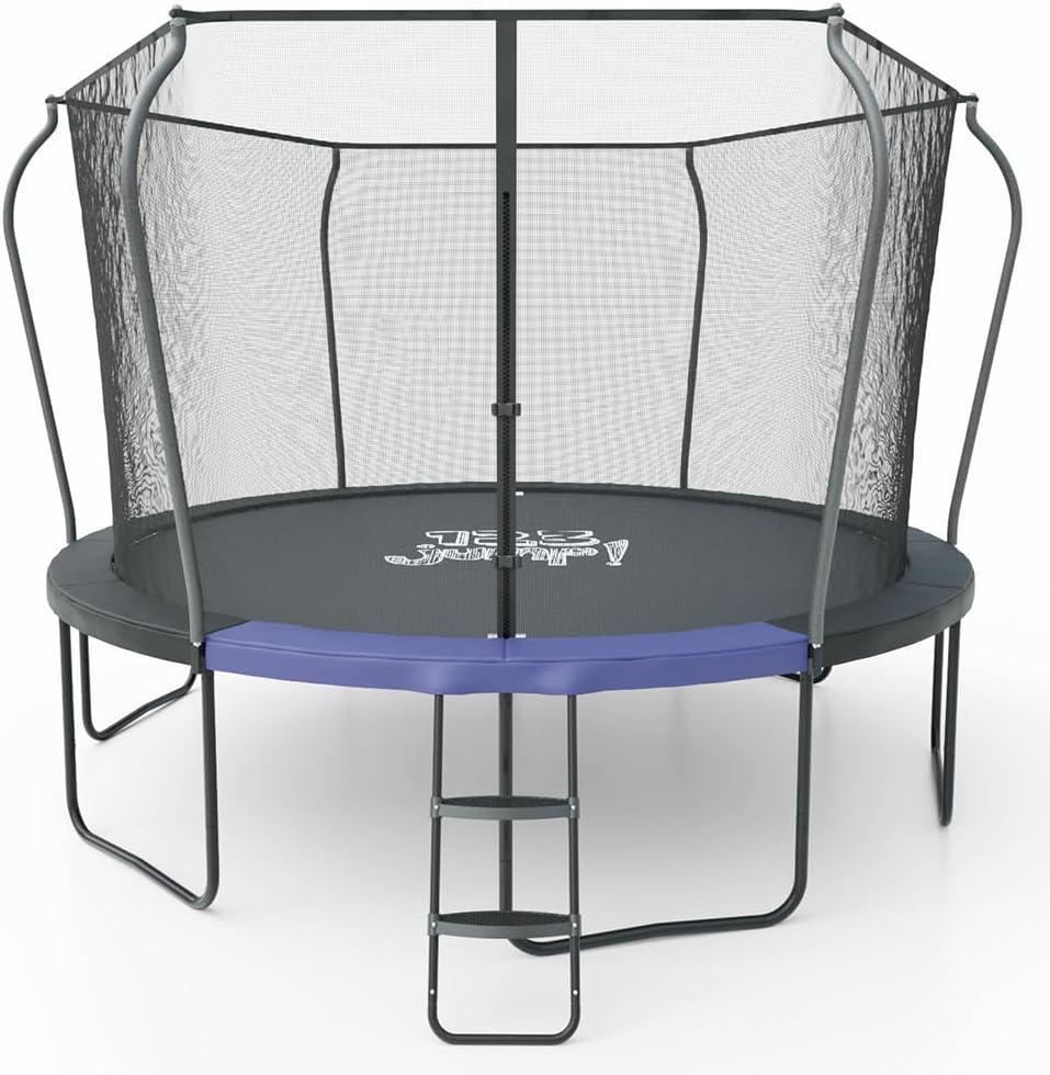 123 JUMP 10FT 12 FT 14FT Round Outdoor Trampoline with Safety Enclosure Net, Ladder, ASTM Tested, Anti-Rust Trampoline for Kids