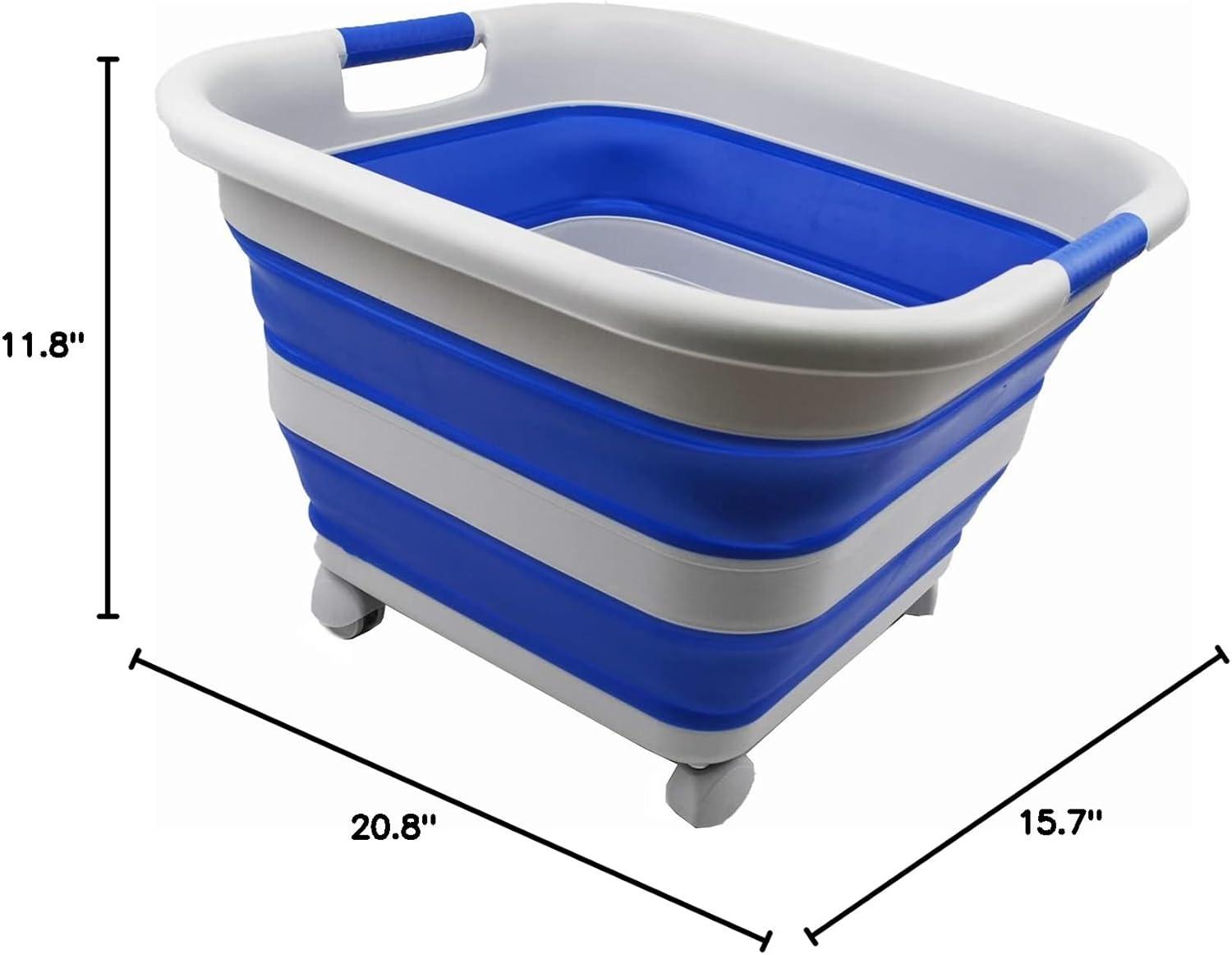 SAMMART 39L (10.3 Gallons)  Collapsible Plastic Laundry Basket with Wheels, Grey/Purplish Blue