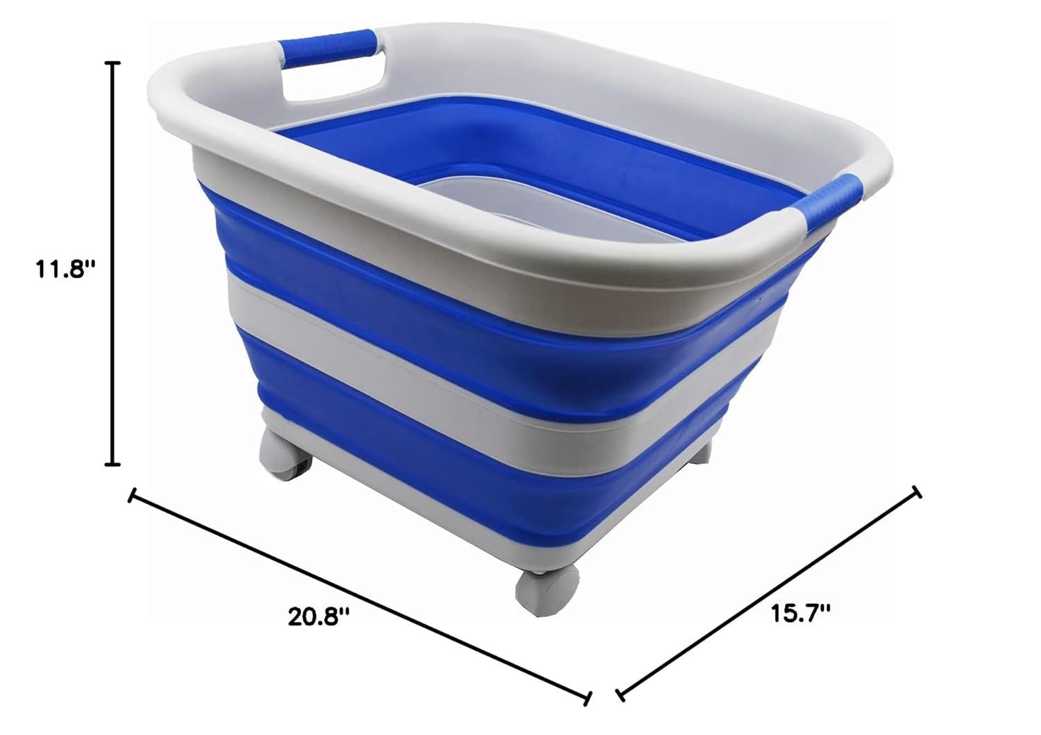 SAMMART 39L (10.3 Gallons)  Collapsible Plastic Laundry Basket with Wheels, Grey/Purplish Blue