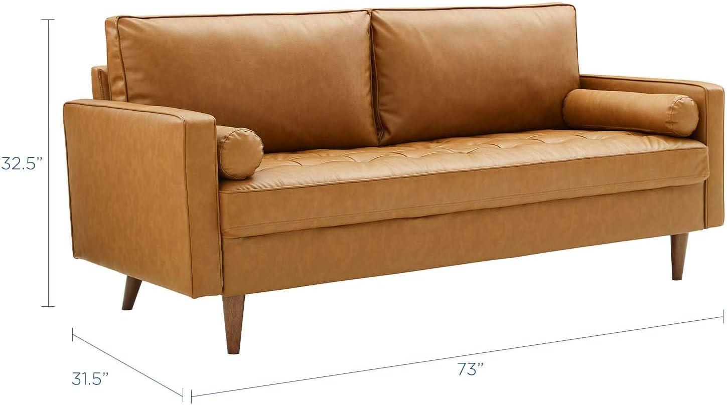 Brown Tufted Faux Leather Sofa with Walnut Wood Legs