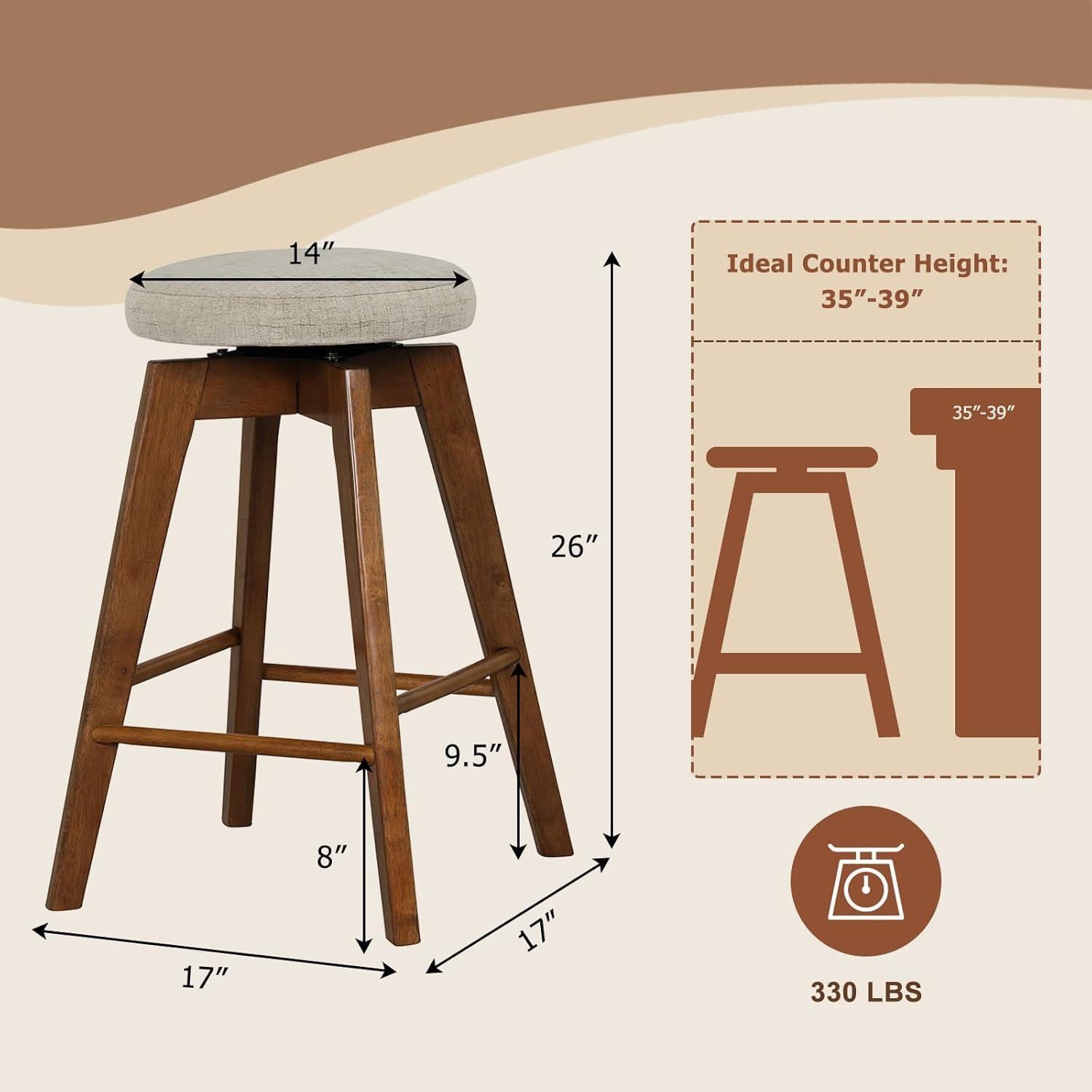Costway Set of 2 Swivel Bar Stools Upholstered Counter Height Chairs with  Rubber Wood Legs